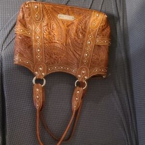 Wear On Base Brown Leather Handbag American West Hand Tooled Large